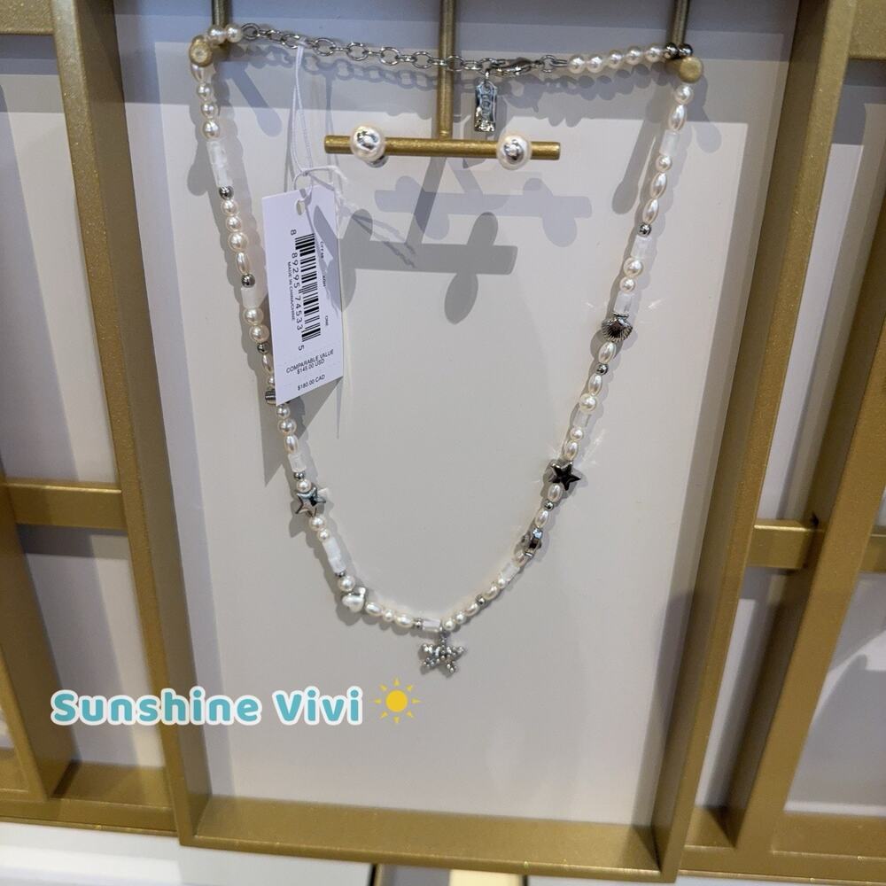 NWT Coach Set Pearls Seashell Necklace CFF48 & Pearl Stud Earrings CFF50 Silver